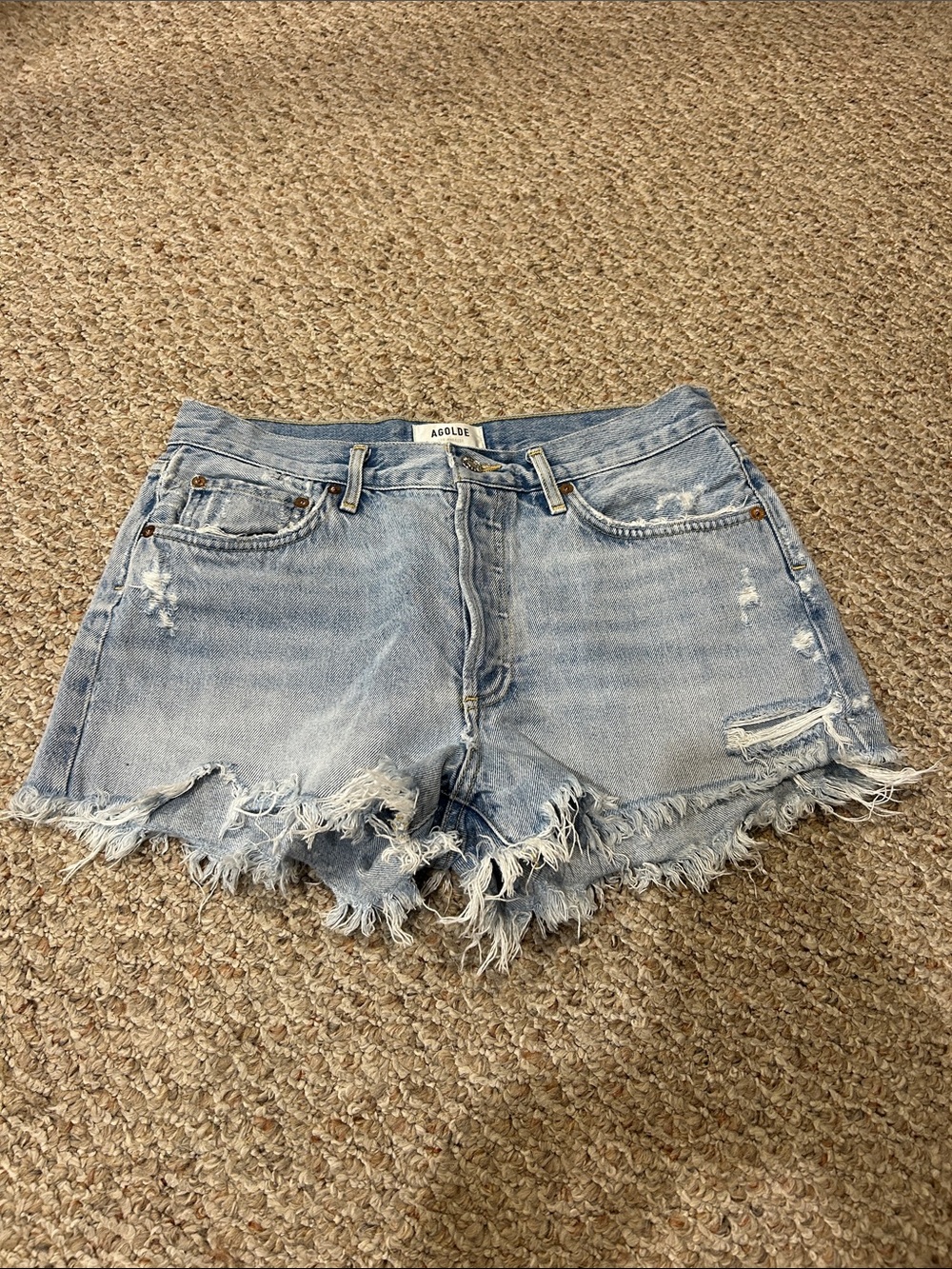 Agolde Frayed Light Wash Distressed Denim Shorts